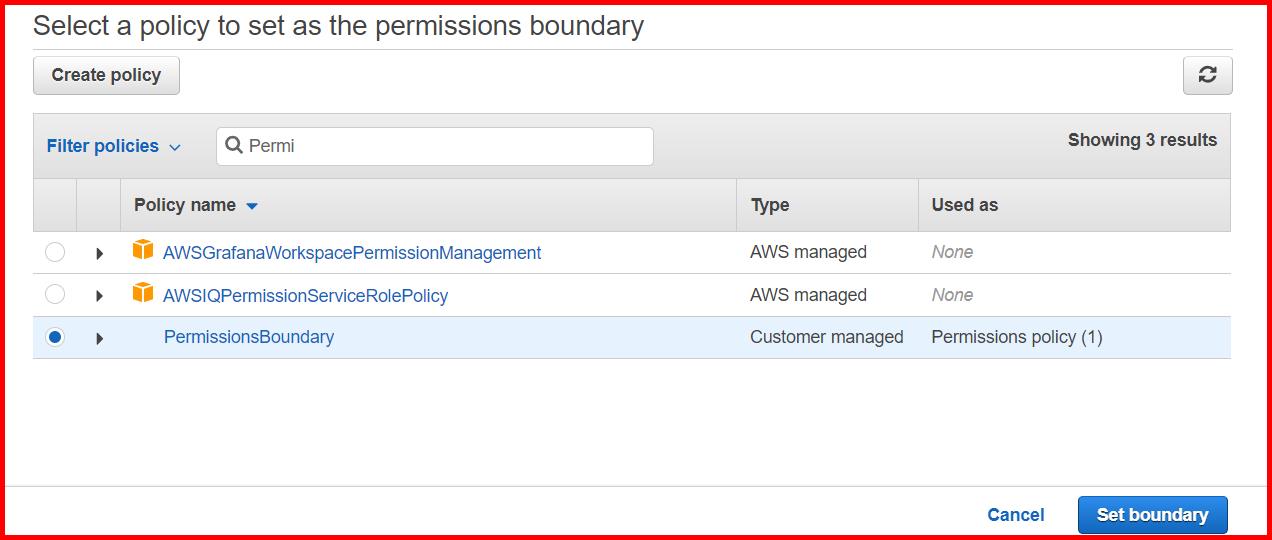 Picture showing adding the permissionboundary policy in the permission boundary of Iamonlyuser user